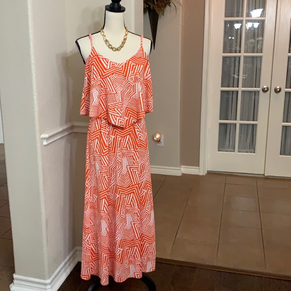 Magic orange geometric print sleeveless flowy high waisted maxi dress Size S
